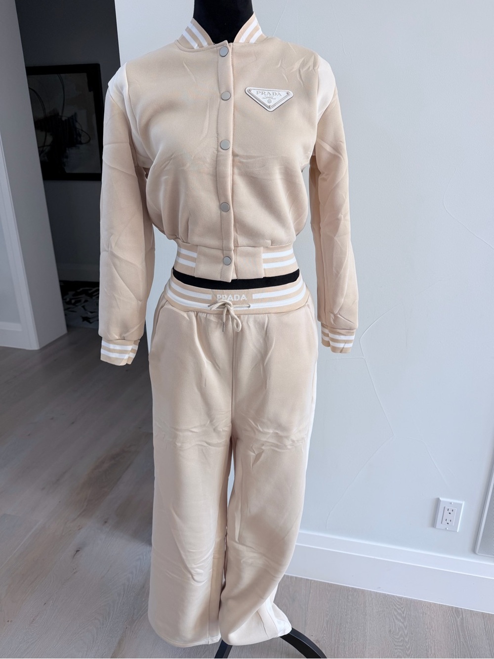 Prada Beige Two-Piece Track Set with Striped Waistband size L/XL
